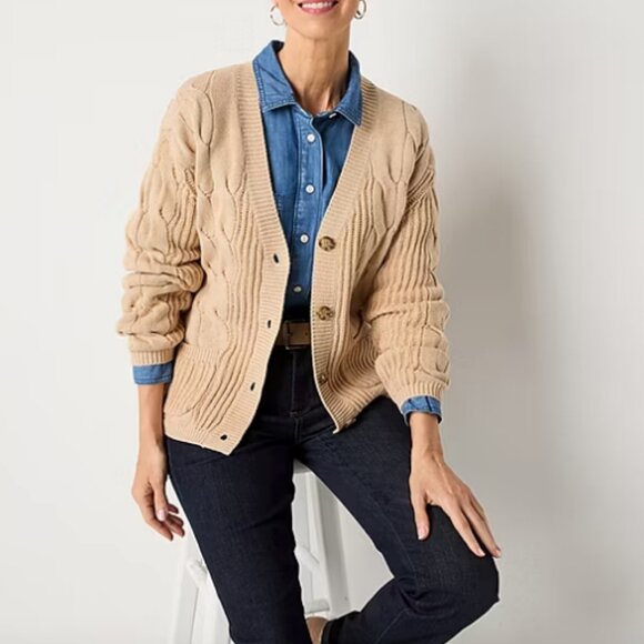 St. John's Bay Womens V Neck Long Sleeve Button Cardigan, Camel Sz S - Picture 1 of 3